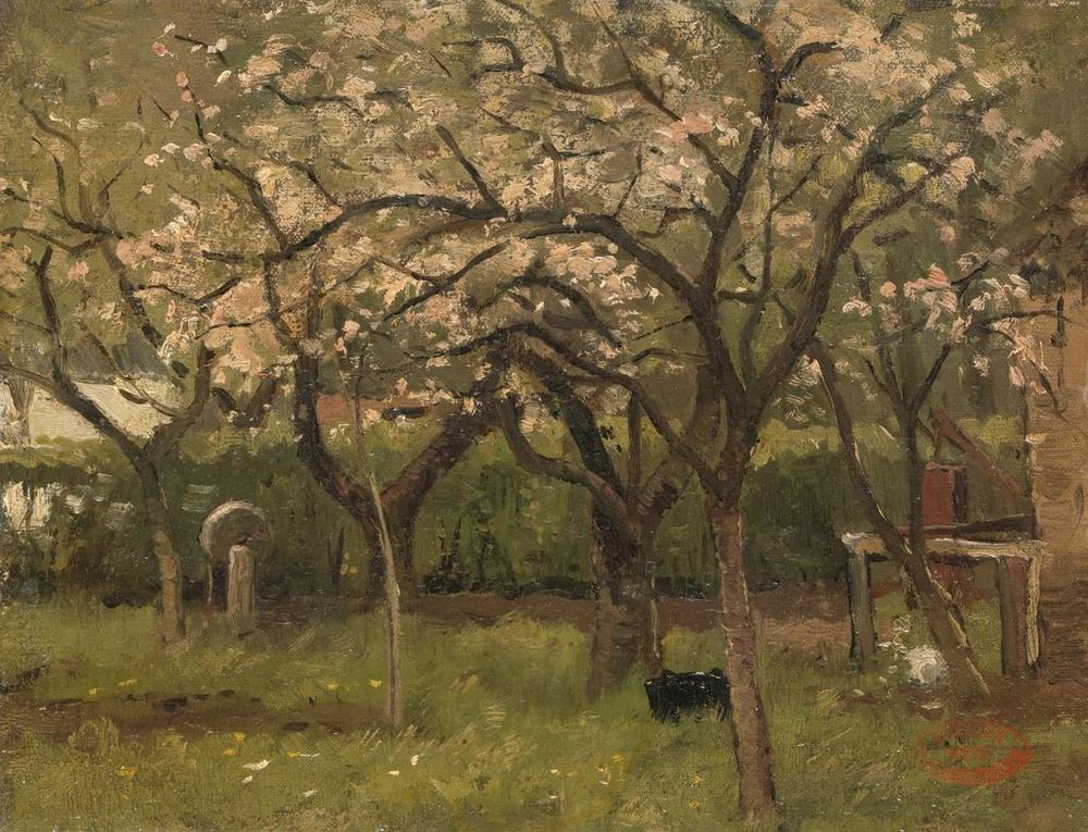 Oil painting of orchard trees in pale pink blossom over rough spring grass